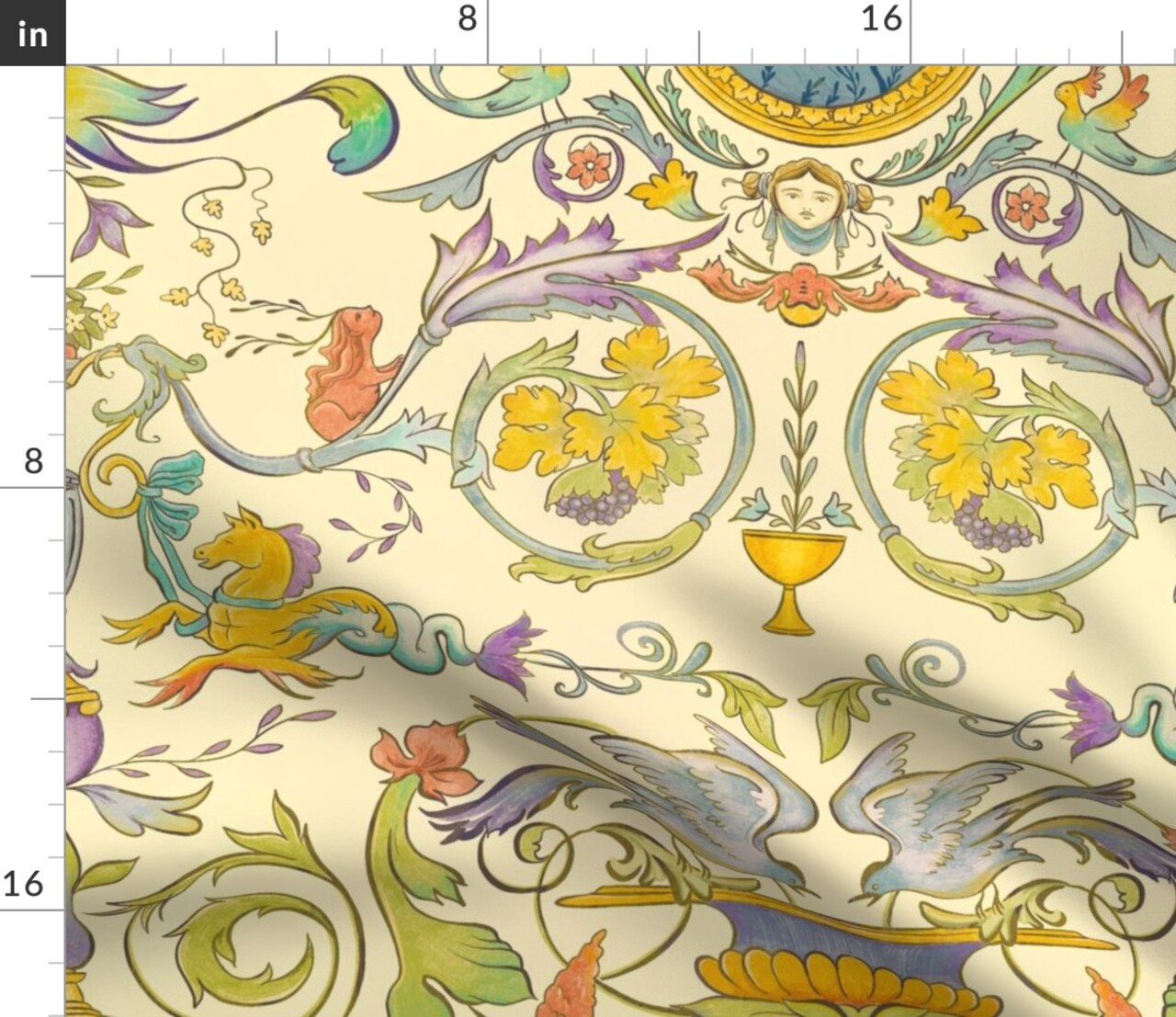 Multicolor Baroque Renaissance Floral Fresco Botanical Birds Victorian Large Scale Water Color Horses. Italian Custom Printed Fabric by Spoonflower Various Fabrics by the Yard or Fat Quarter